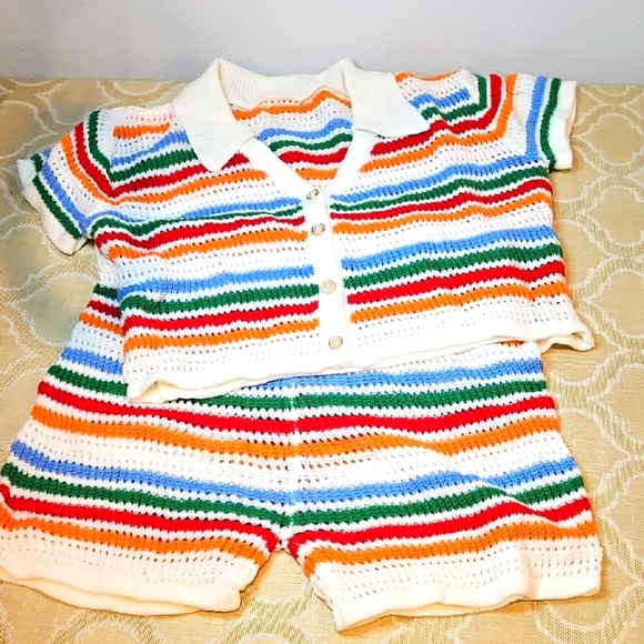 Colorful Striped Knit Set Crop Top High Waisted Short Cute & Colorful XXL - Picture 1 of 5